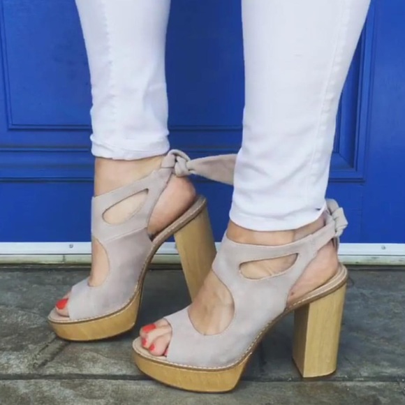 Blush Cream Ankle Wrap Wooden Tower Heel Platform - Picture 4 of 8